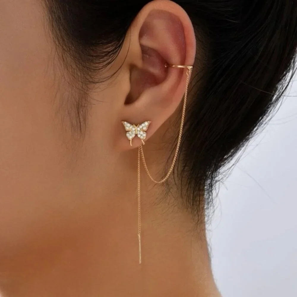 2pcs Cubic Zirconia Butterfly Decor Chain Linked Earring Yellow Gold Jewelry - Picture 1 of 6